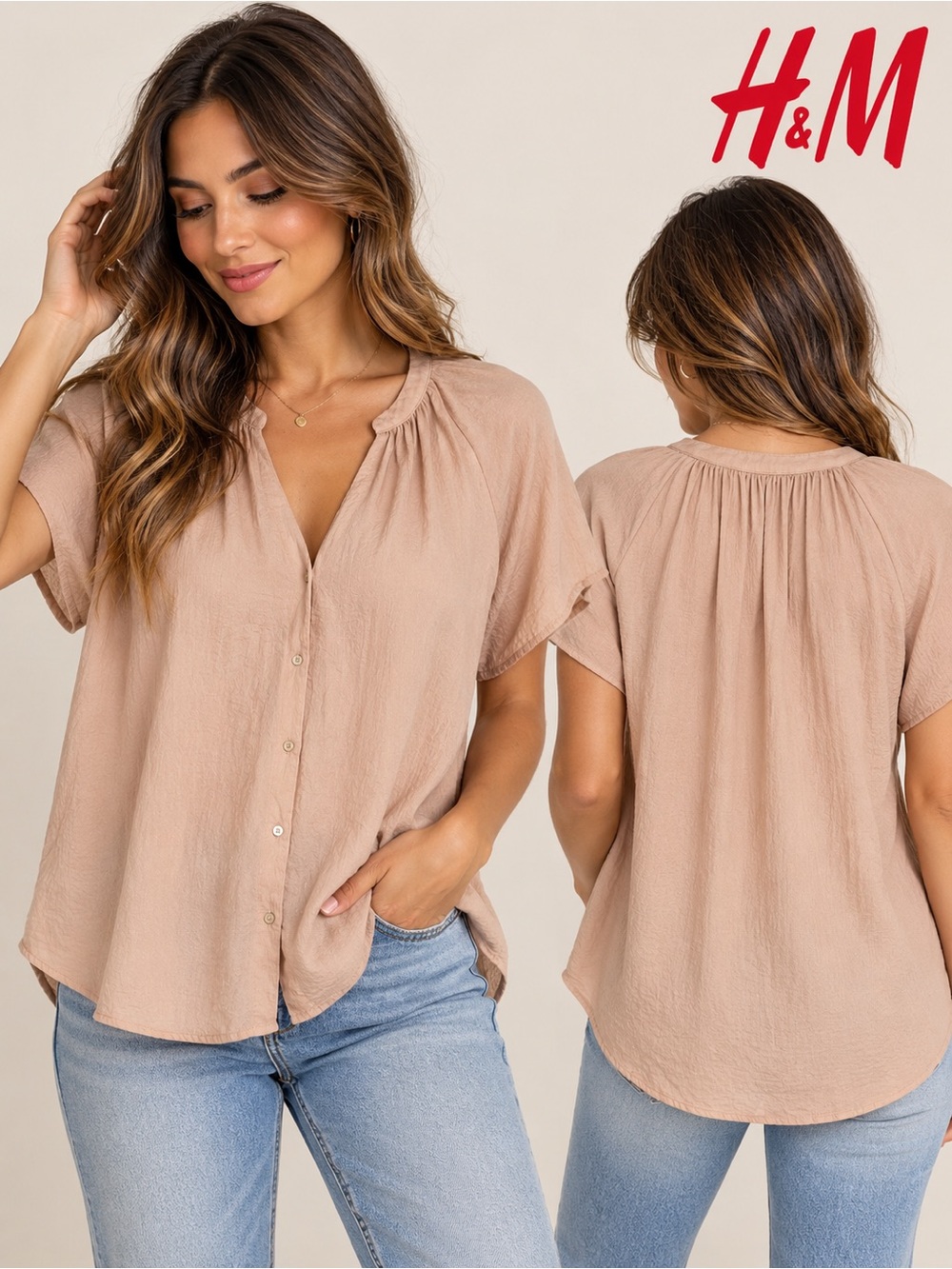 H&M Mauve Button-Front Gathered Blouse Size 10